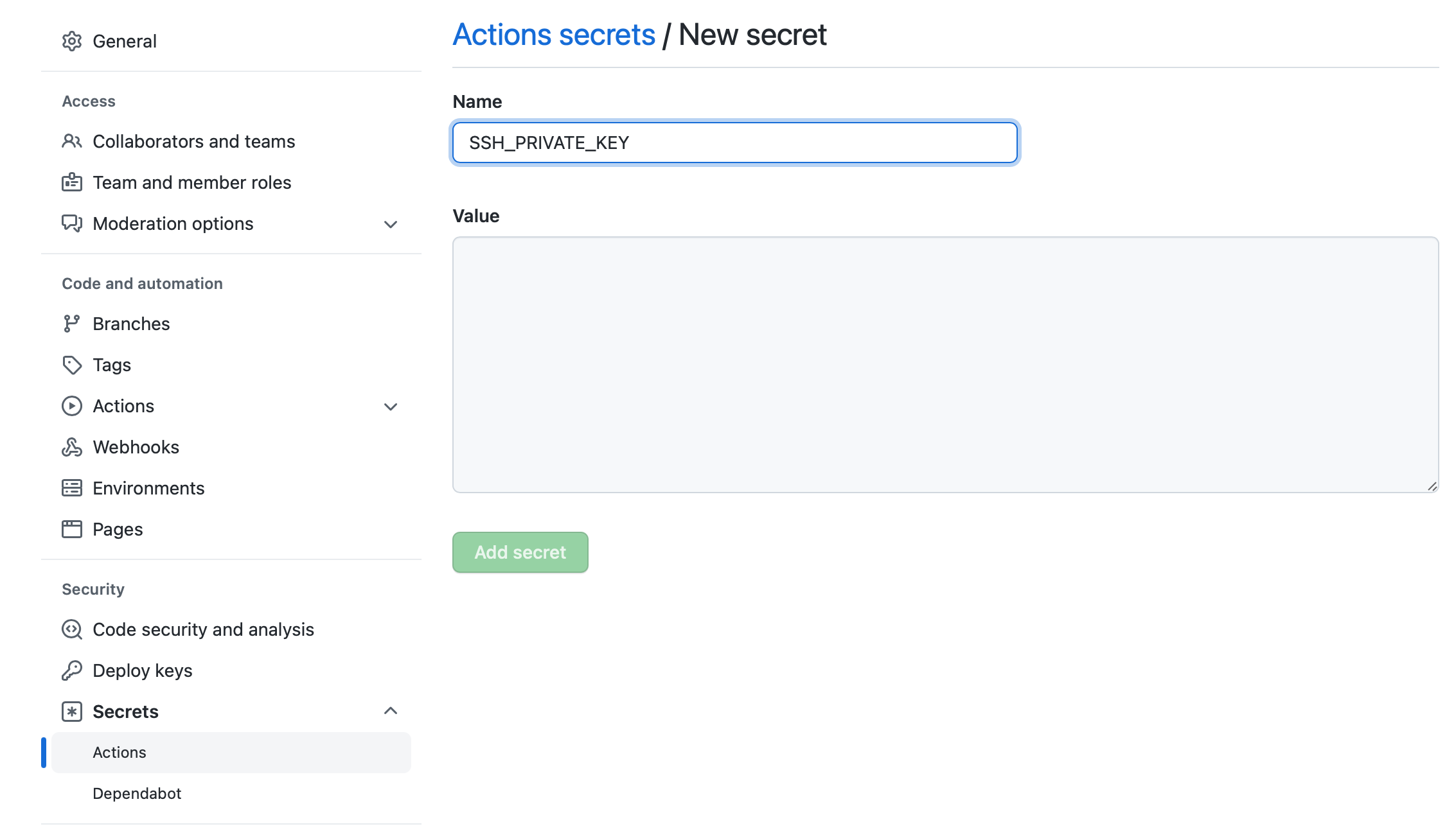 github action new secret